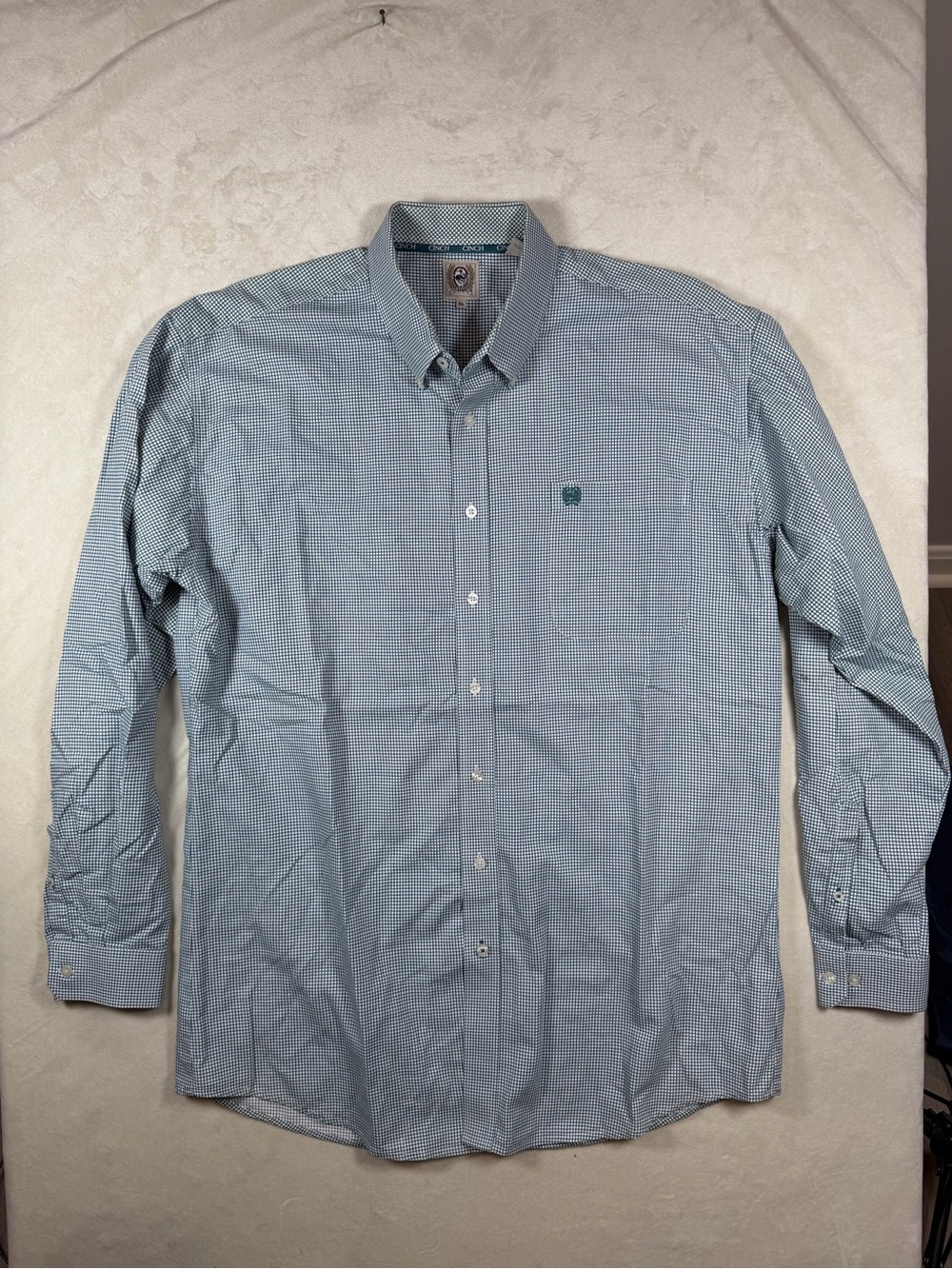 Cinch Size XL Men's Western Light Blue Check Button-Down Shirt Front Logo